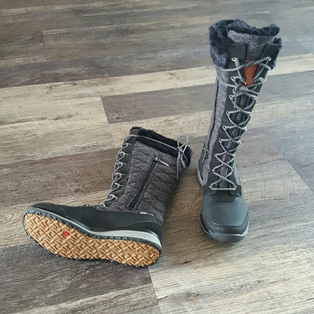 Salomon Lace Up Winter Boots Women US 5.5 Black Gray Zipper Durable